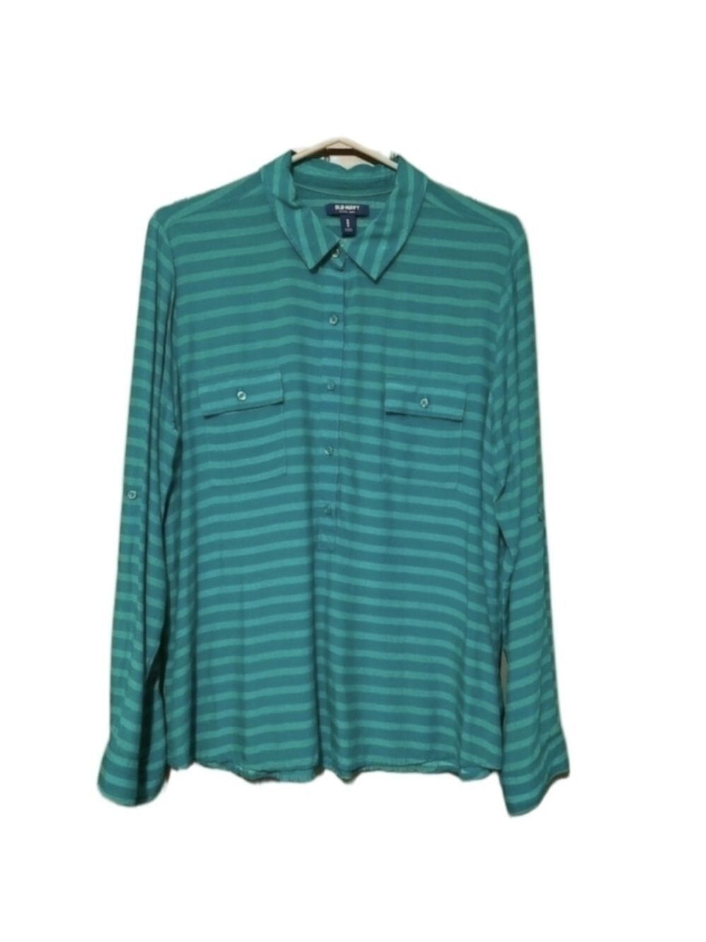 Old Navy Striped Emerald Green Button-Down Shirt Relaxed Fit Long Sleeve XLarge